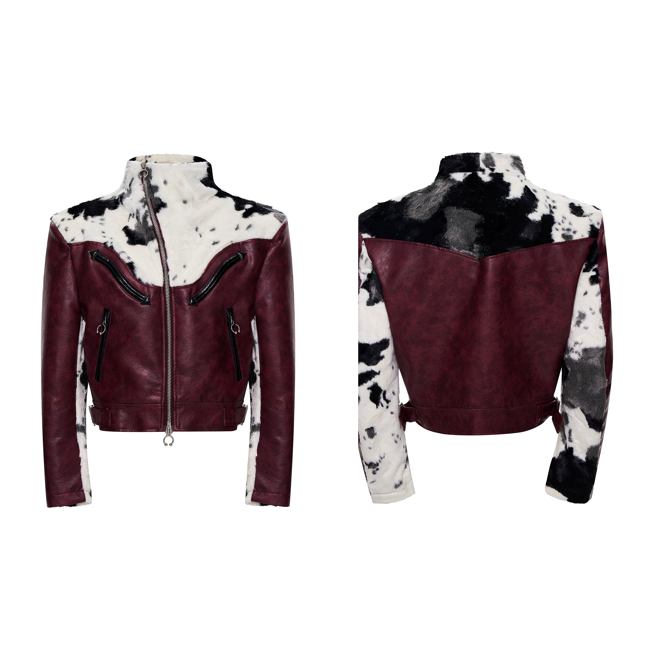 Cow Print Panel Moto Jacket
