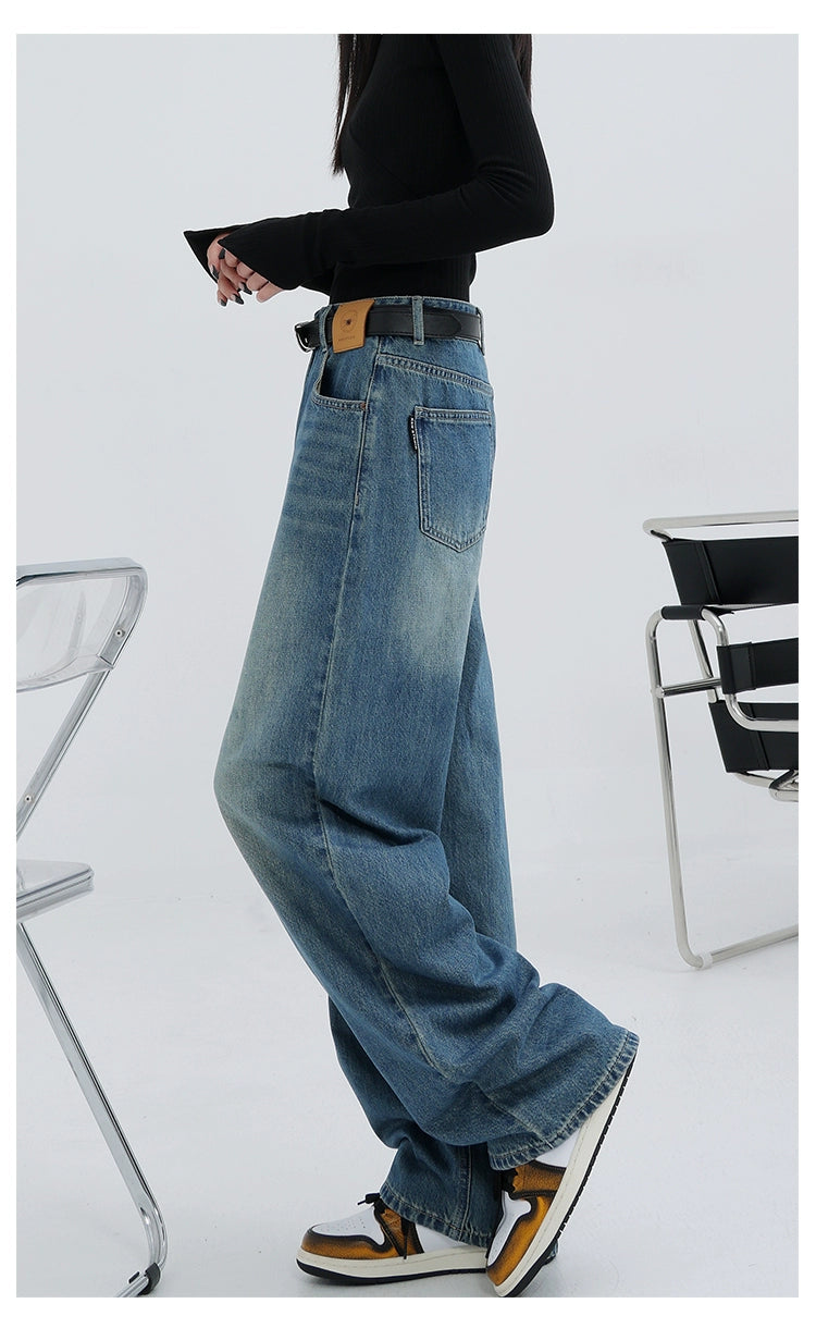 Blue Retro Loose Straight-Leg High-Waist Floor-Length Jeans - chiclara