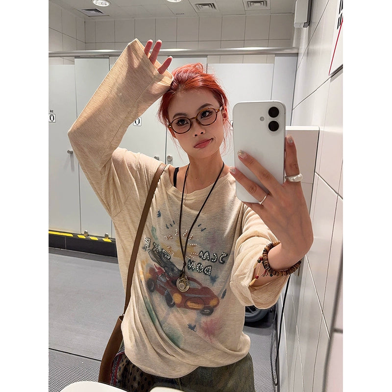 Retro Car Graphic Oversized Long Sleeve Tee