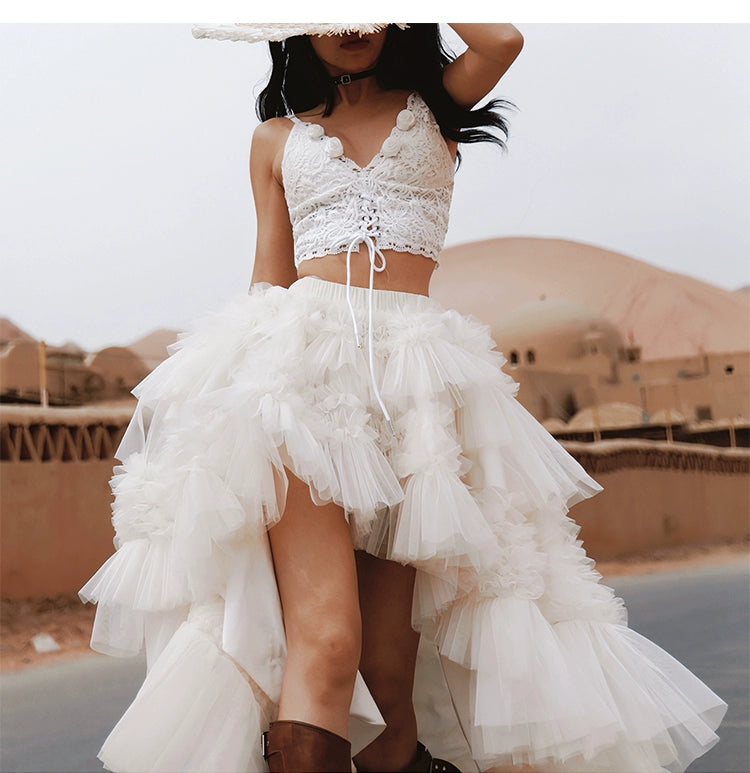 White Lace-Up Crochet Crop Top