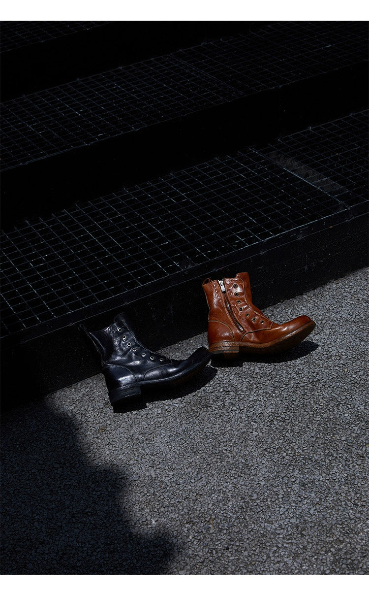 Brown Leather Lace-less Combat Boots