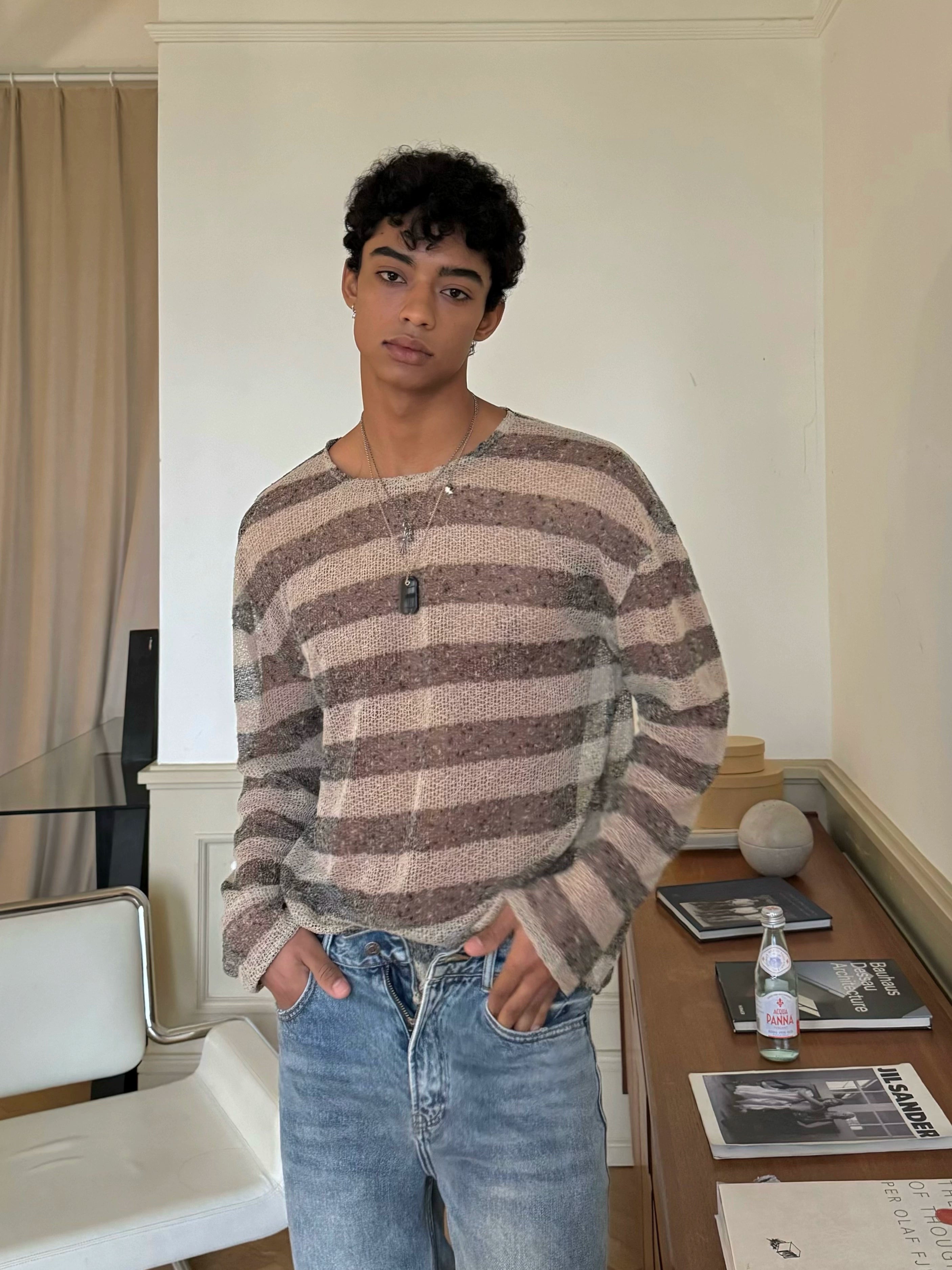 Coffee Striped Fuzzy Knit Sweater