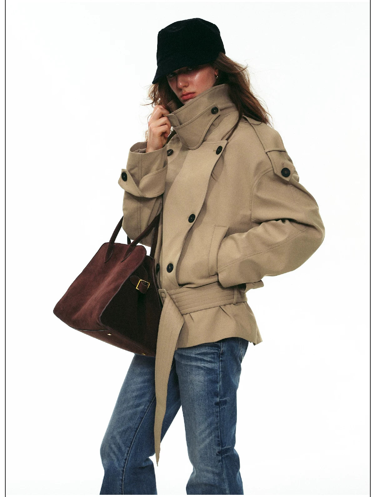 Draped Collar Belted Trench Jacket