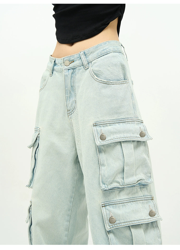 Light Wash Baggy Cargo Jeans with Multiple Flap Pockets
