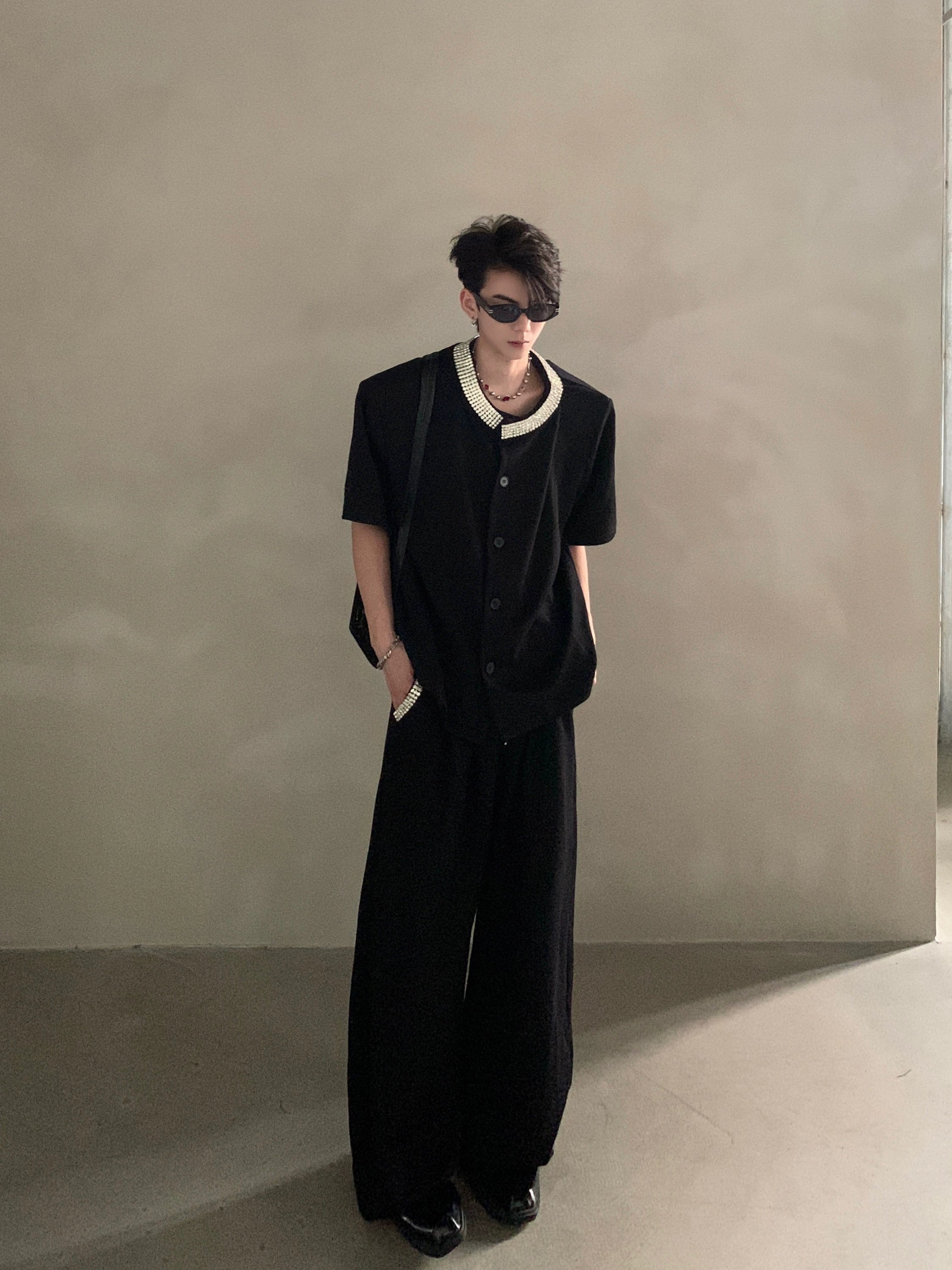 Black Short Sleeve Button-Up Shirt with Embellished Gem Collar