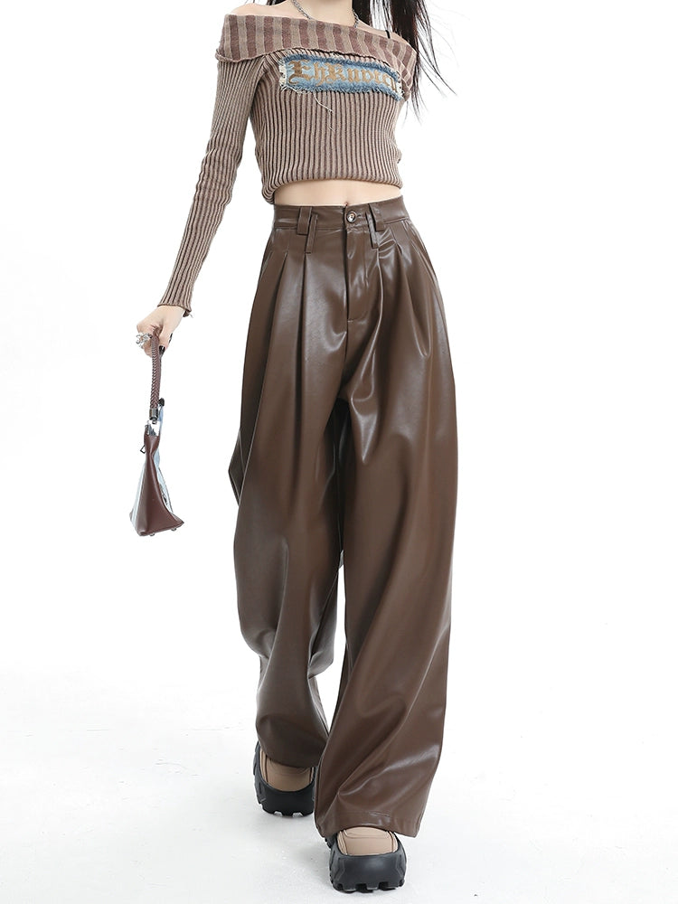Coffee Wide-Leg Pu Leather Pants - chiclara
