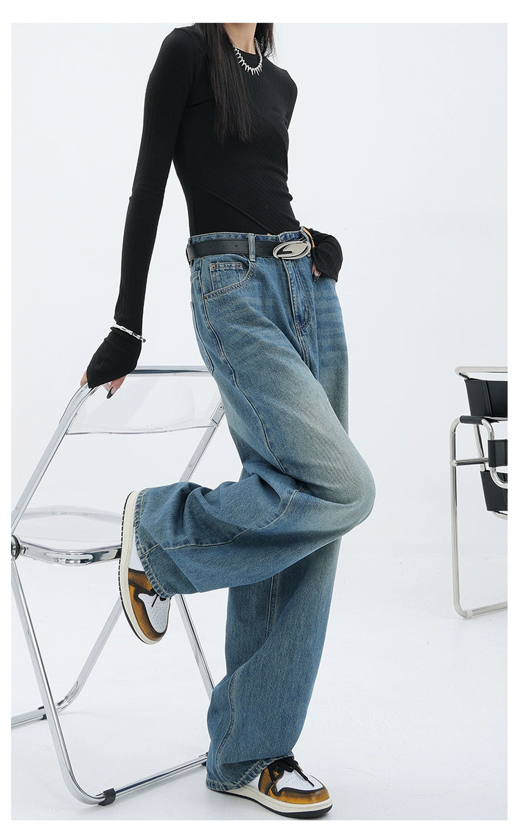 Blue Retro Loose Straight-Leg High-Waist Floor-Length Jeans - chiclara