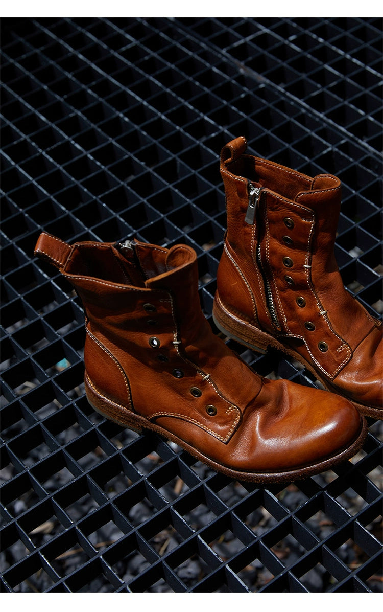 Brown Leather Lace-less Combat Boots