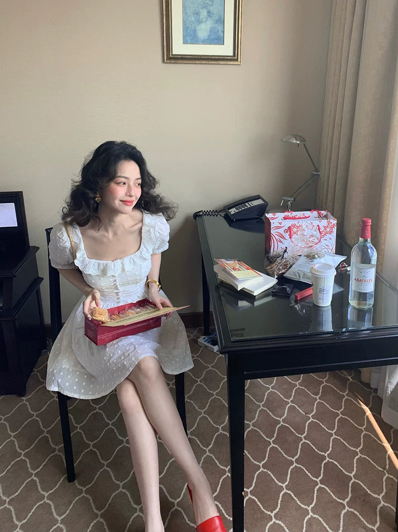 White Puff Sleeve Mini Dress and Blouse