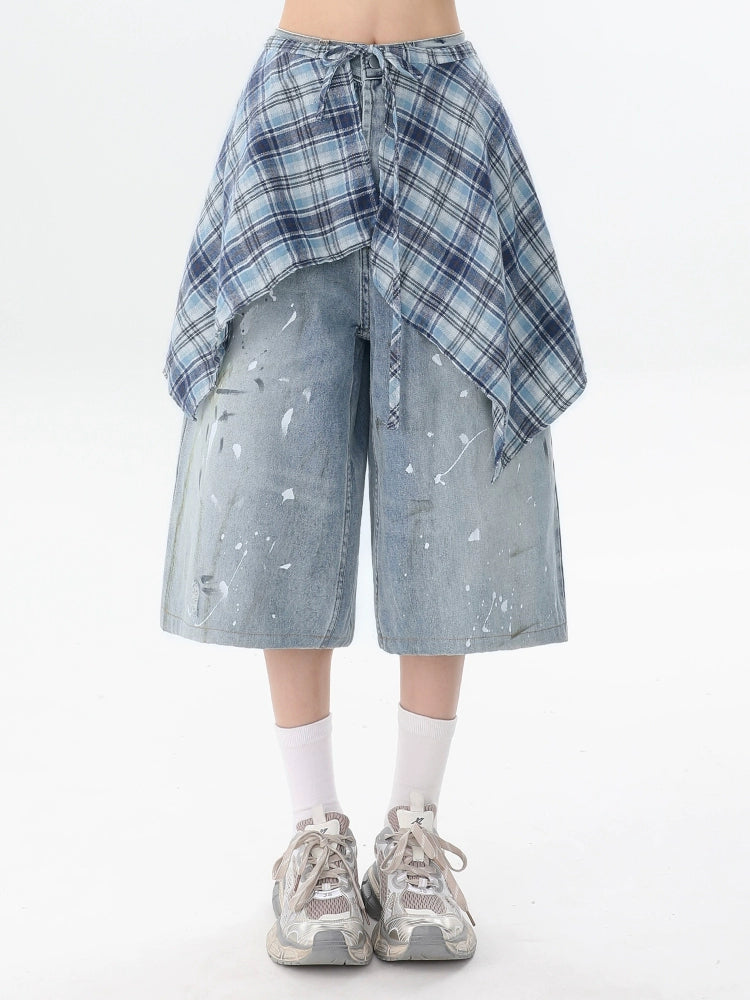 Plaid Overlay Distressed Denim Culottes