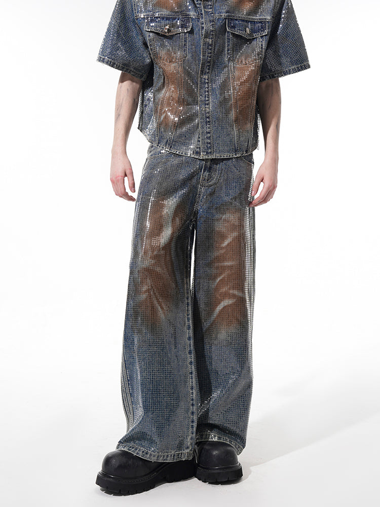 Hot Stamping Metallic Denim Jacket and Jeans Setup