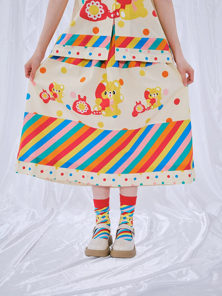 Rainbow Stripe Bear Print A-line Skirt