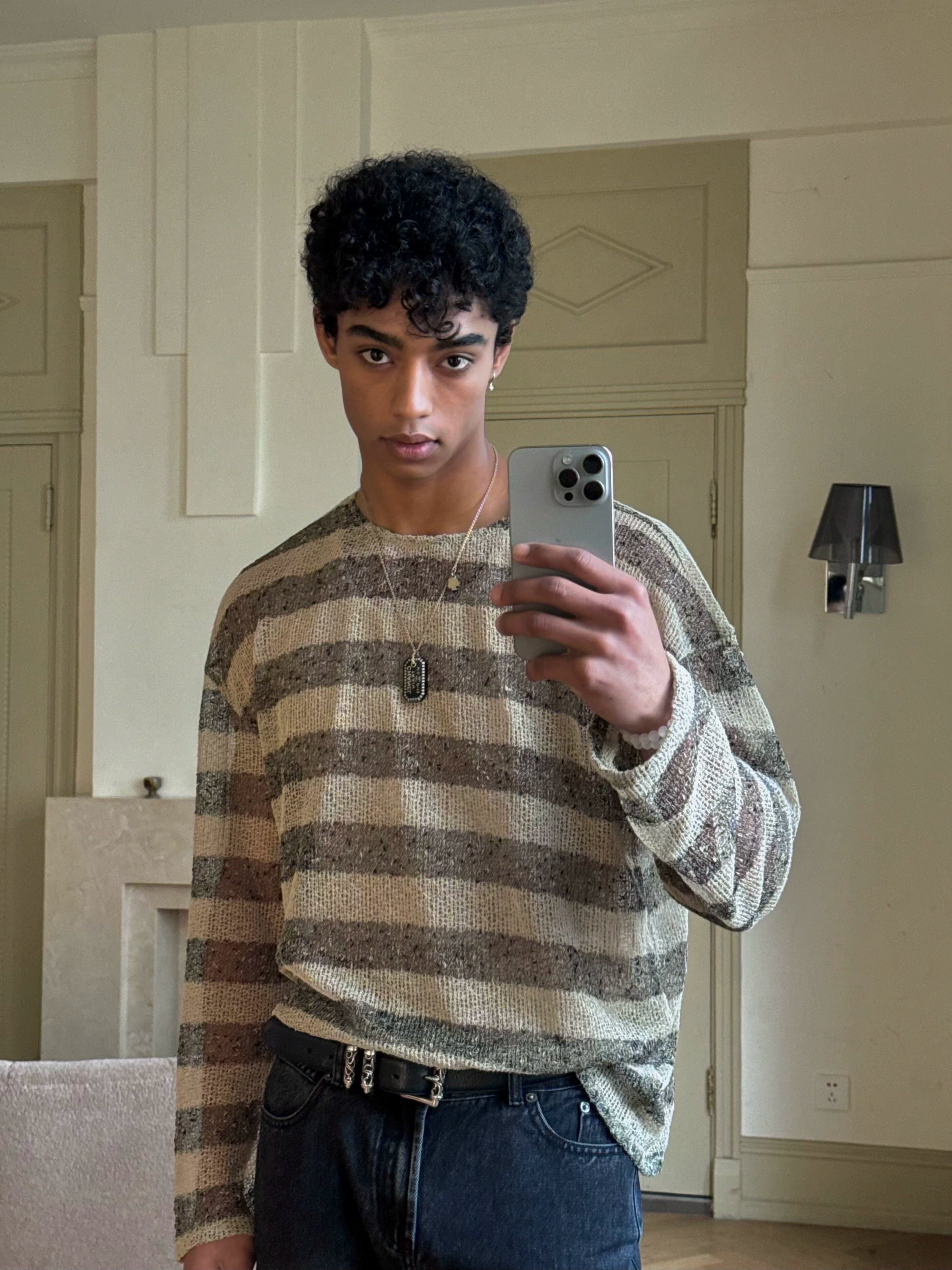 Coffee Striped Fuzzy Knit Sweater