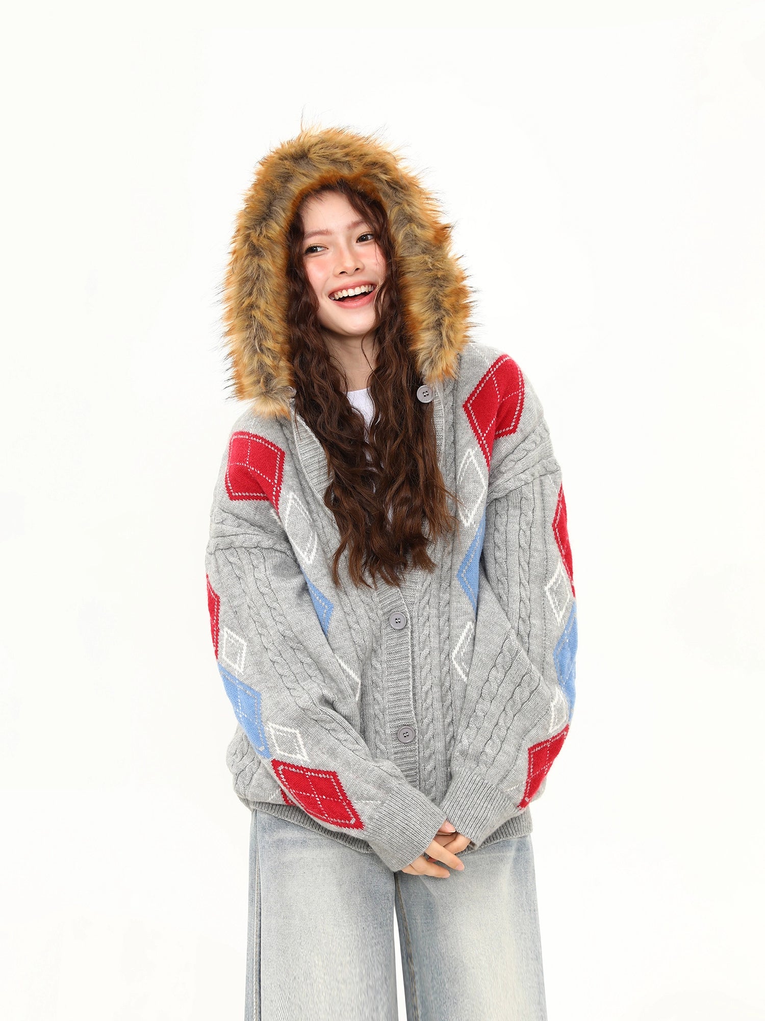Frosty Argyle Faux-Fur Hood Cardigan