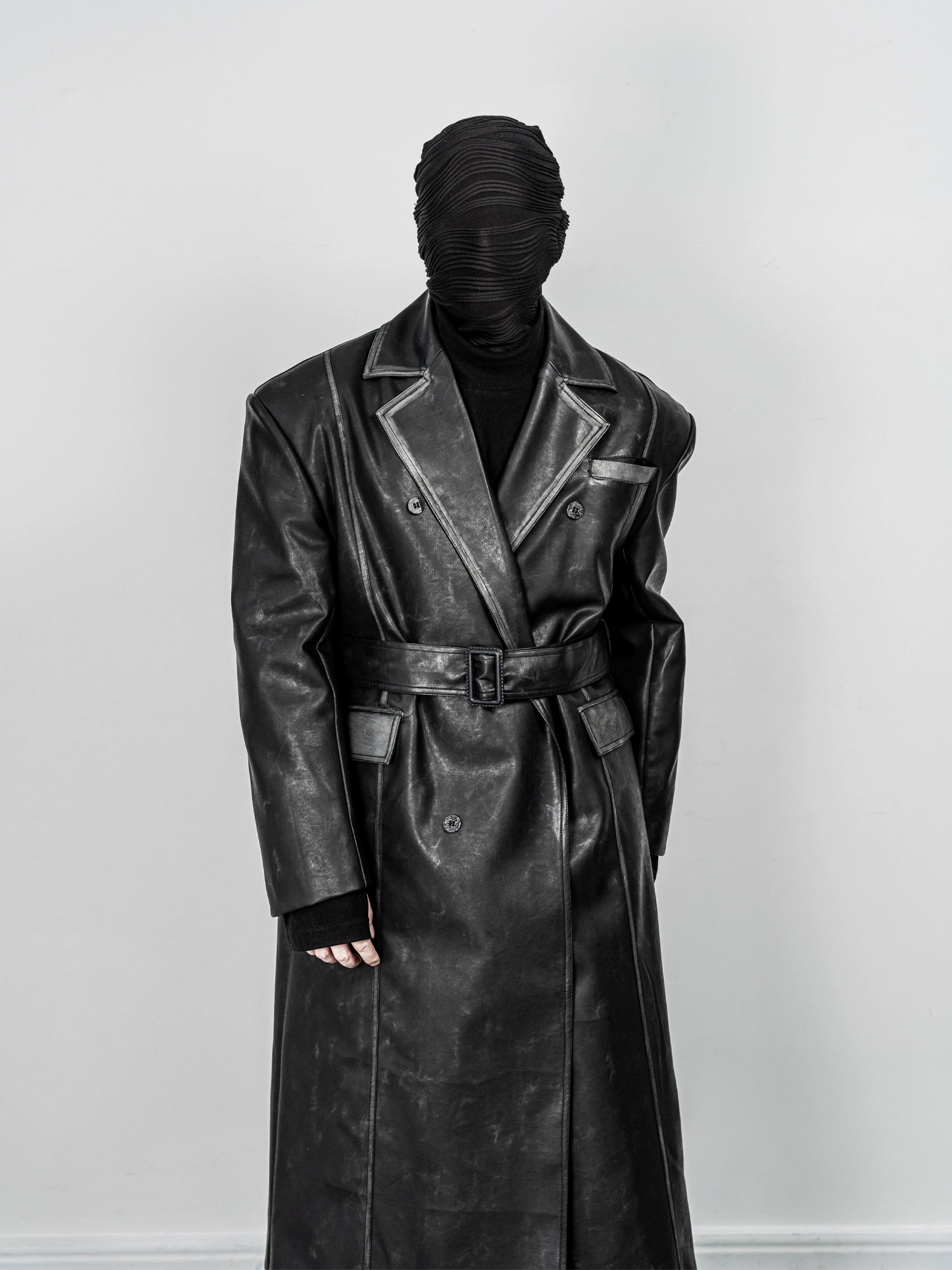 Long Belted Black Faux Leather Trench