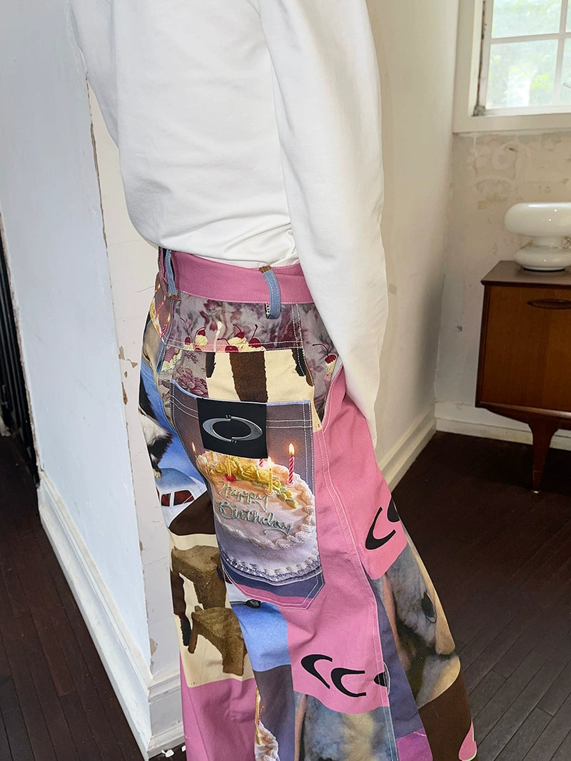 Cat Print Cake Birthday Wide-Leg Pants - chiclara
