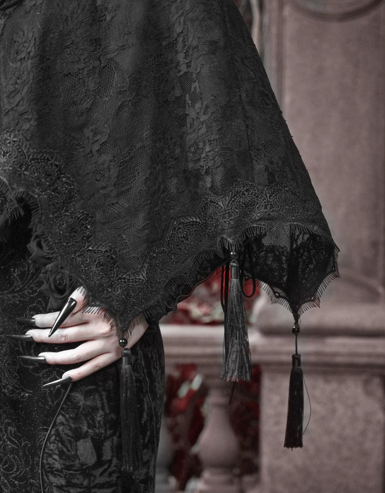 Gothic Lace High Collar Cape with Tassels