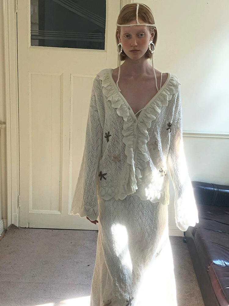 Embroidered Ruffle Trim Knit Cardigan and Skirt Setup