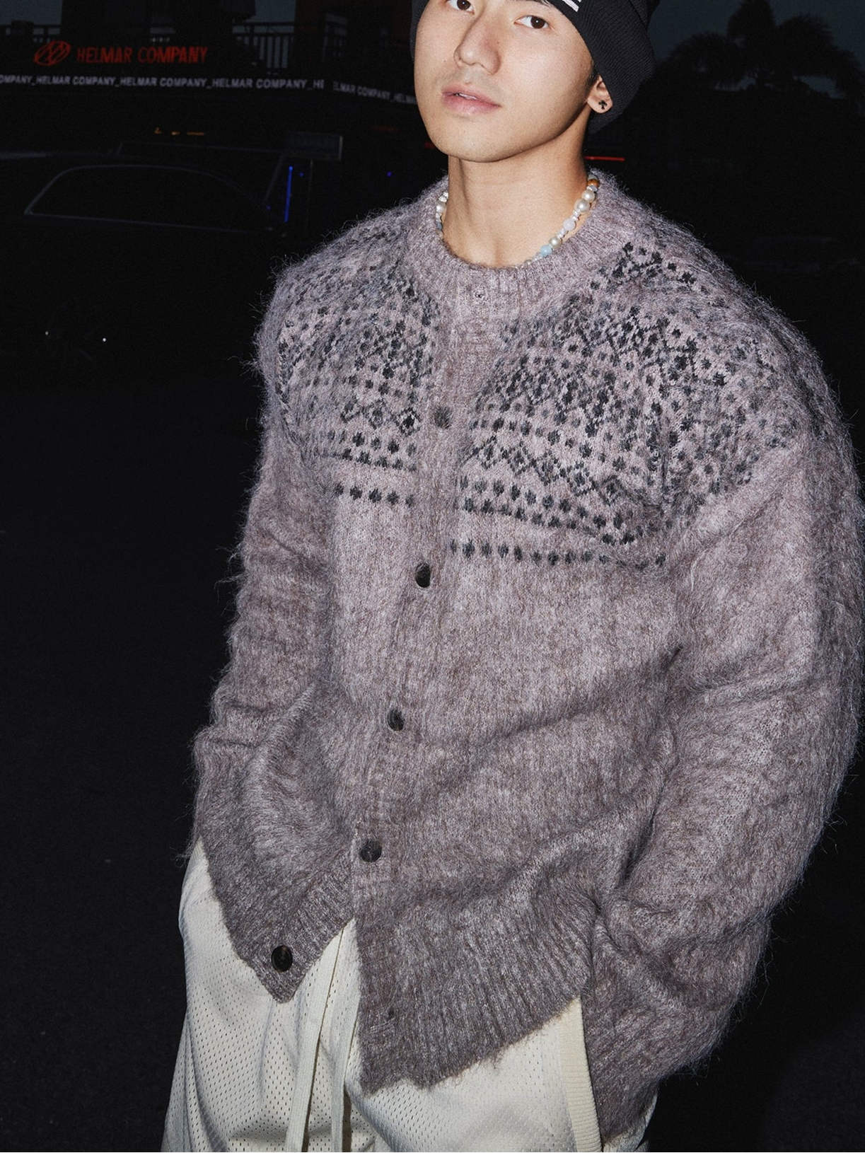 Dark Gray Fuzzy Knit Fair Isle Cardigan