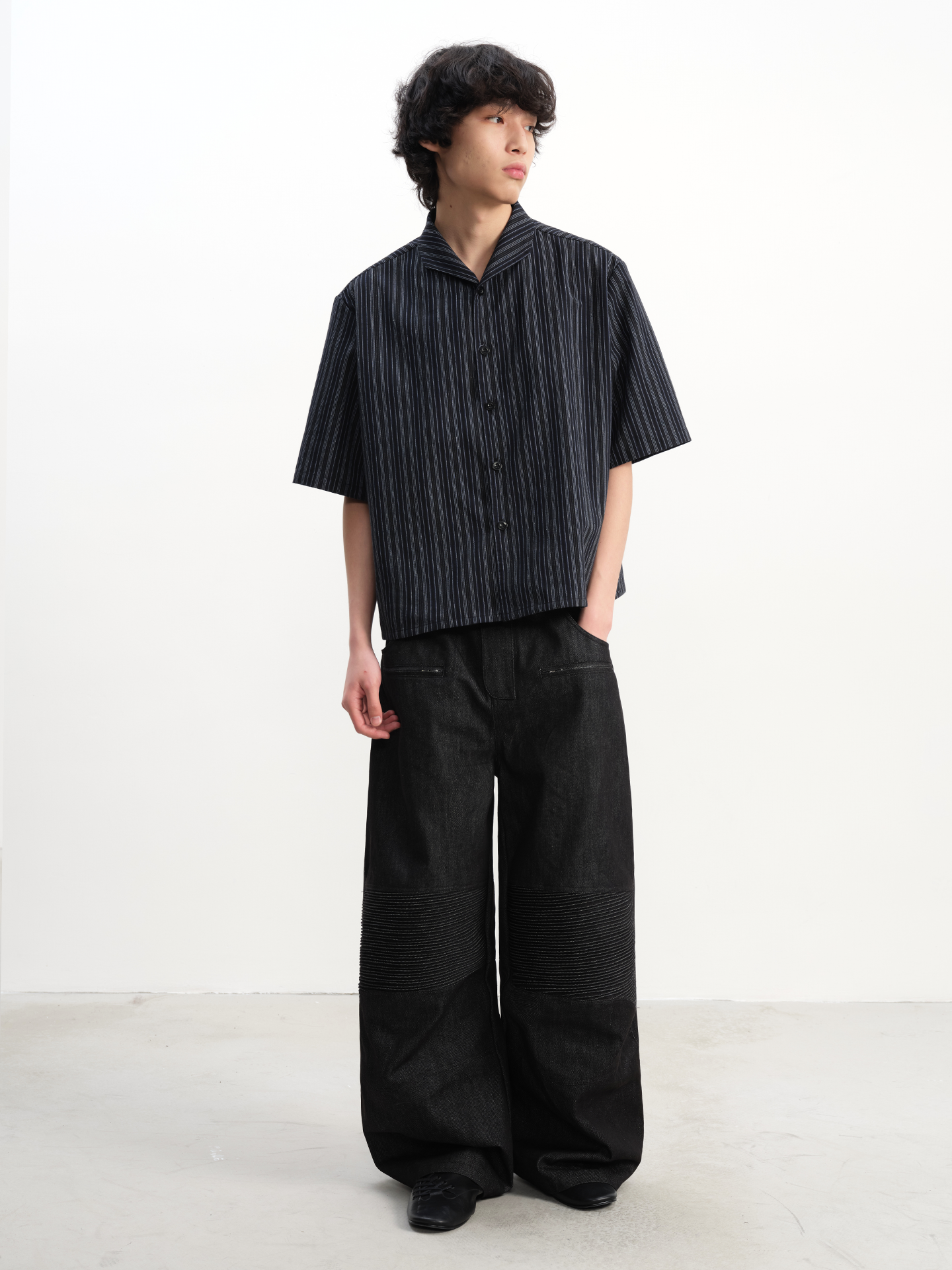 Ribbed Knee Panels Wide-Leg Denim Pants