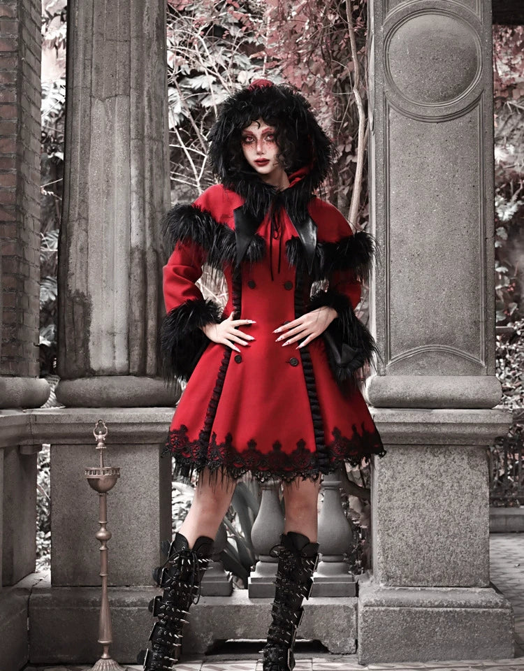 Crimson Faux Fur Trim Gothic Coat Dress
