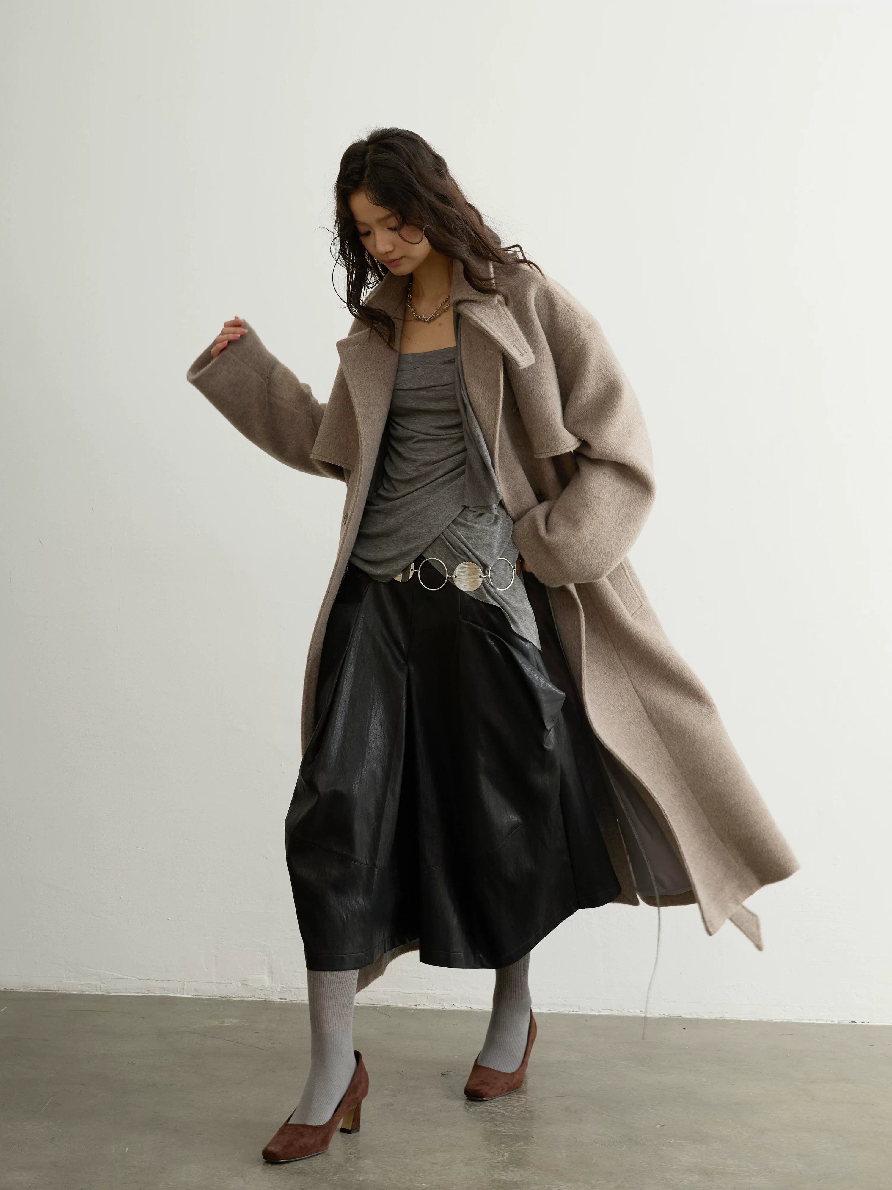 Mink Wrap Belted Wool Coat