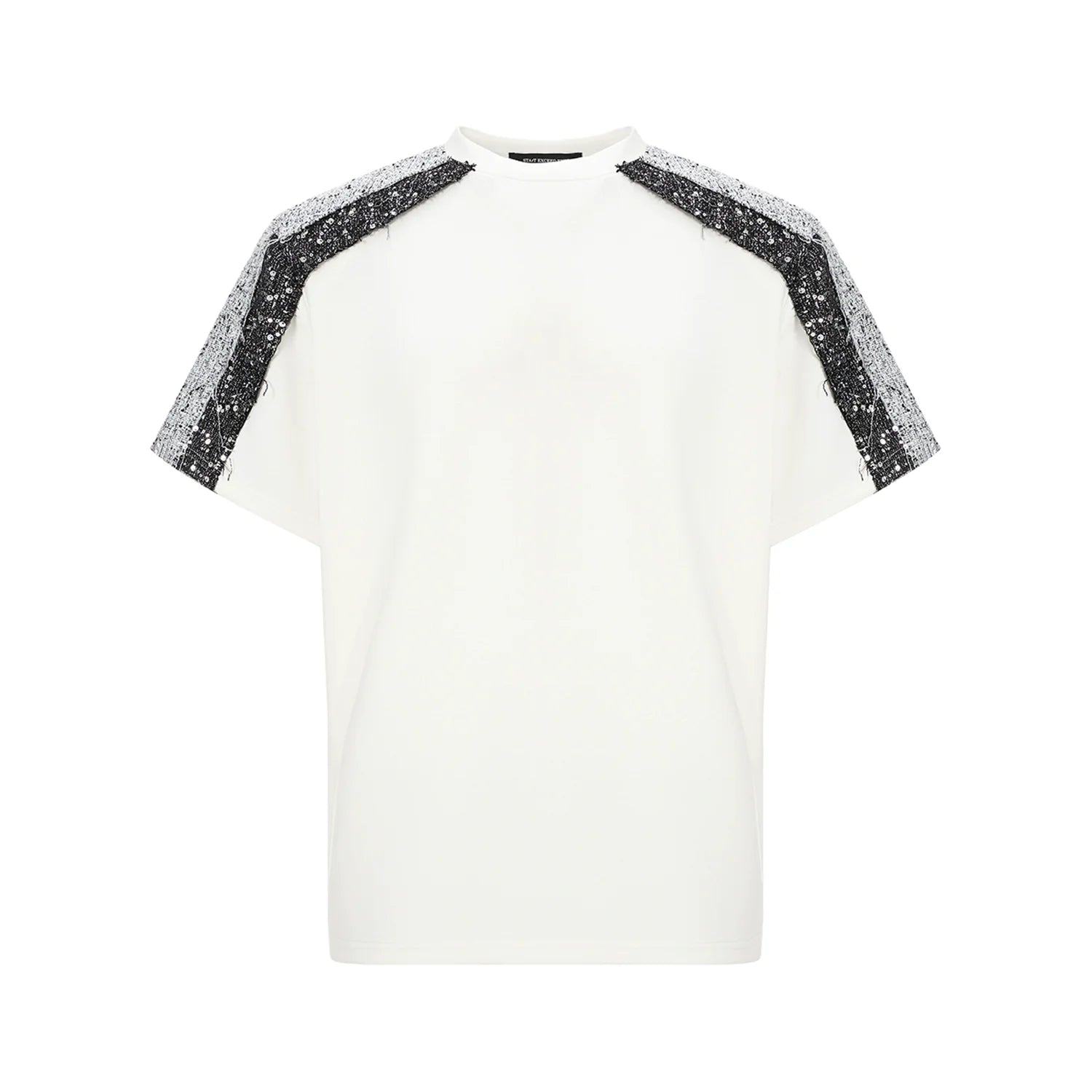 T-Shirt with Sequined Shoulder Detail and Mesh Sleeves