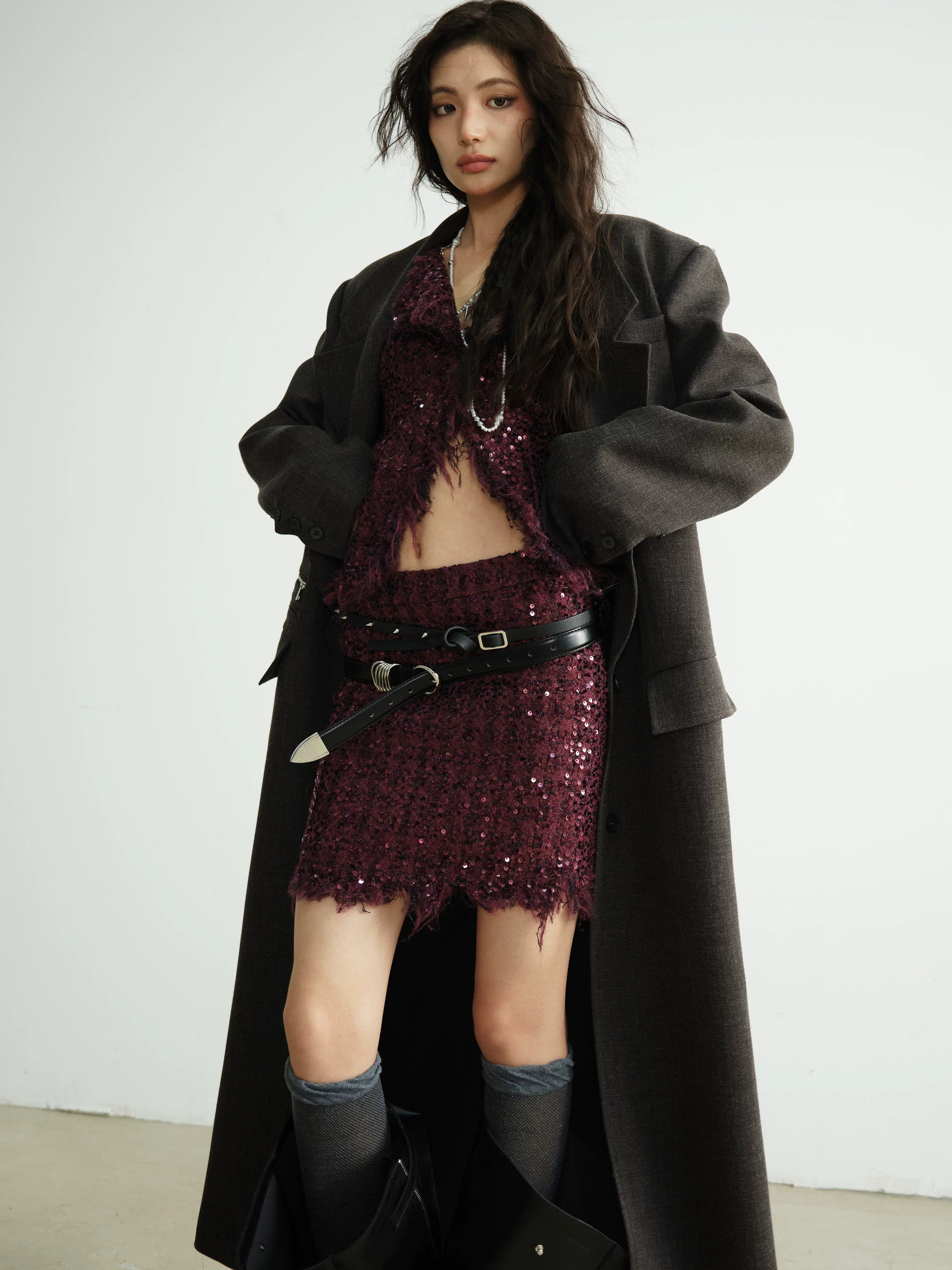 Wine Sequin Distressed Hem Blazer
