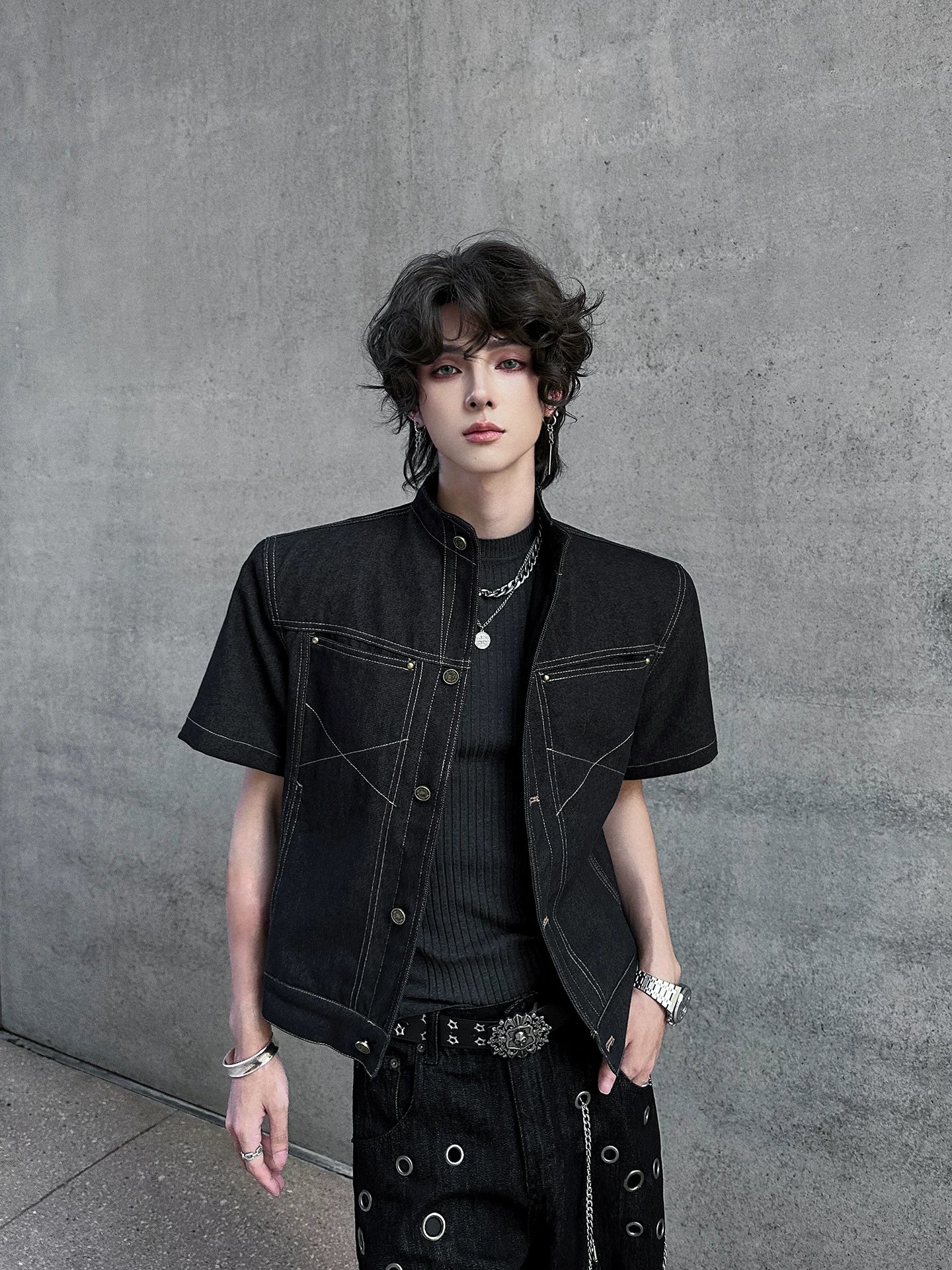 Iron Grid High-Collar Utility Denim Jacket