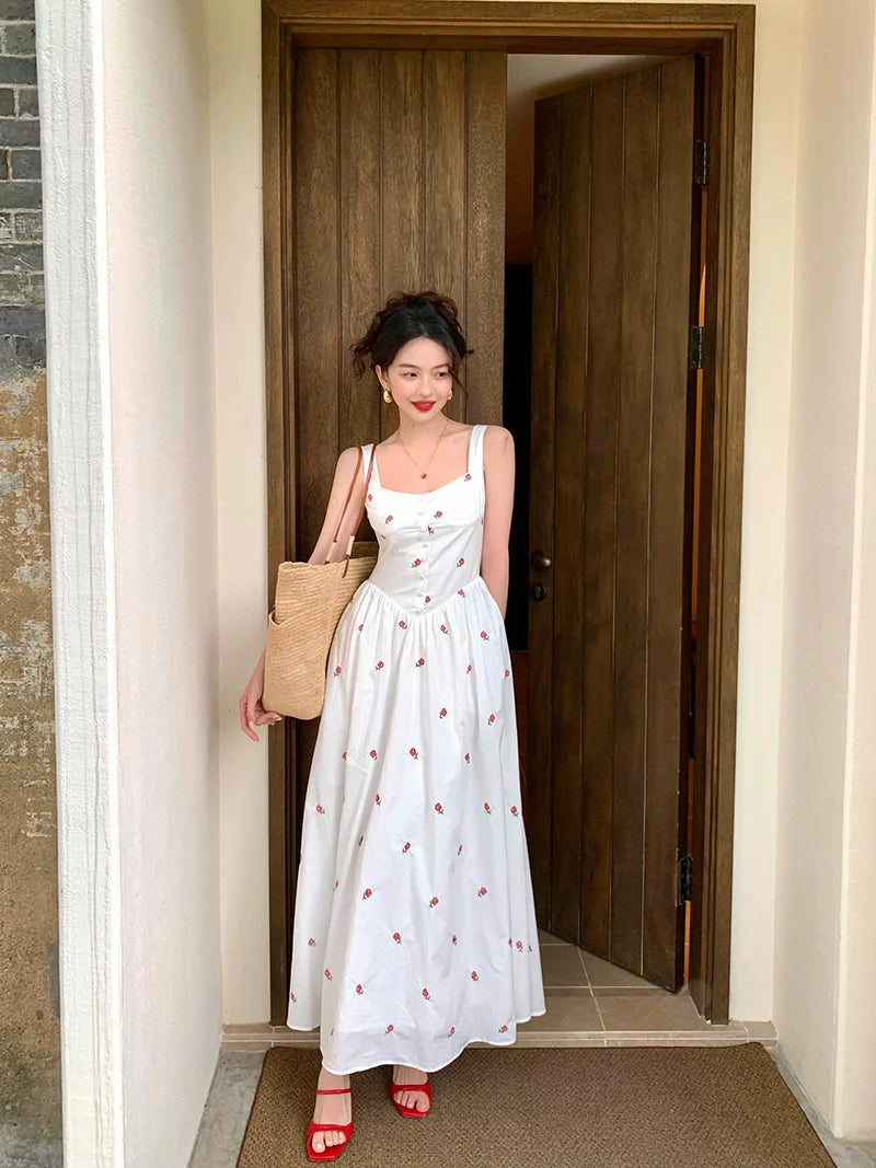 Red Rose Embroidered Maxi Dress