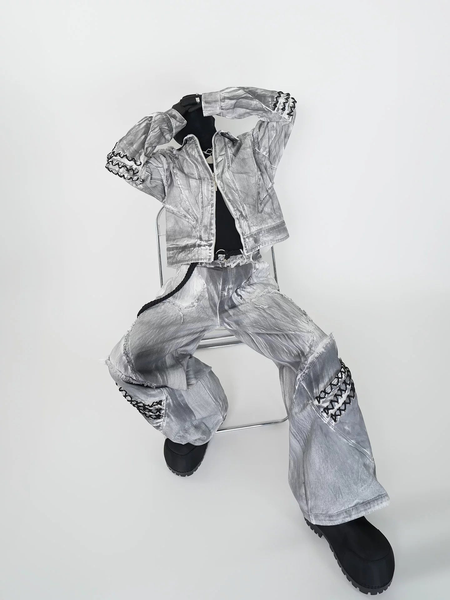 Ashen Relic Lattice-Sleeve Moto Jacket