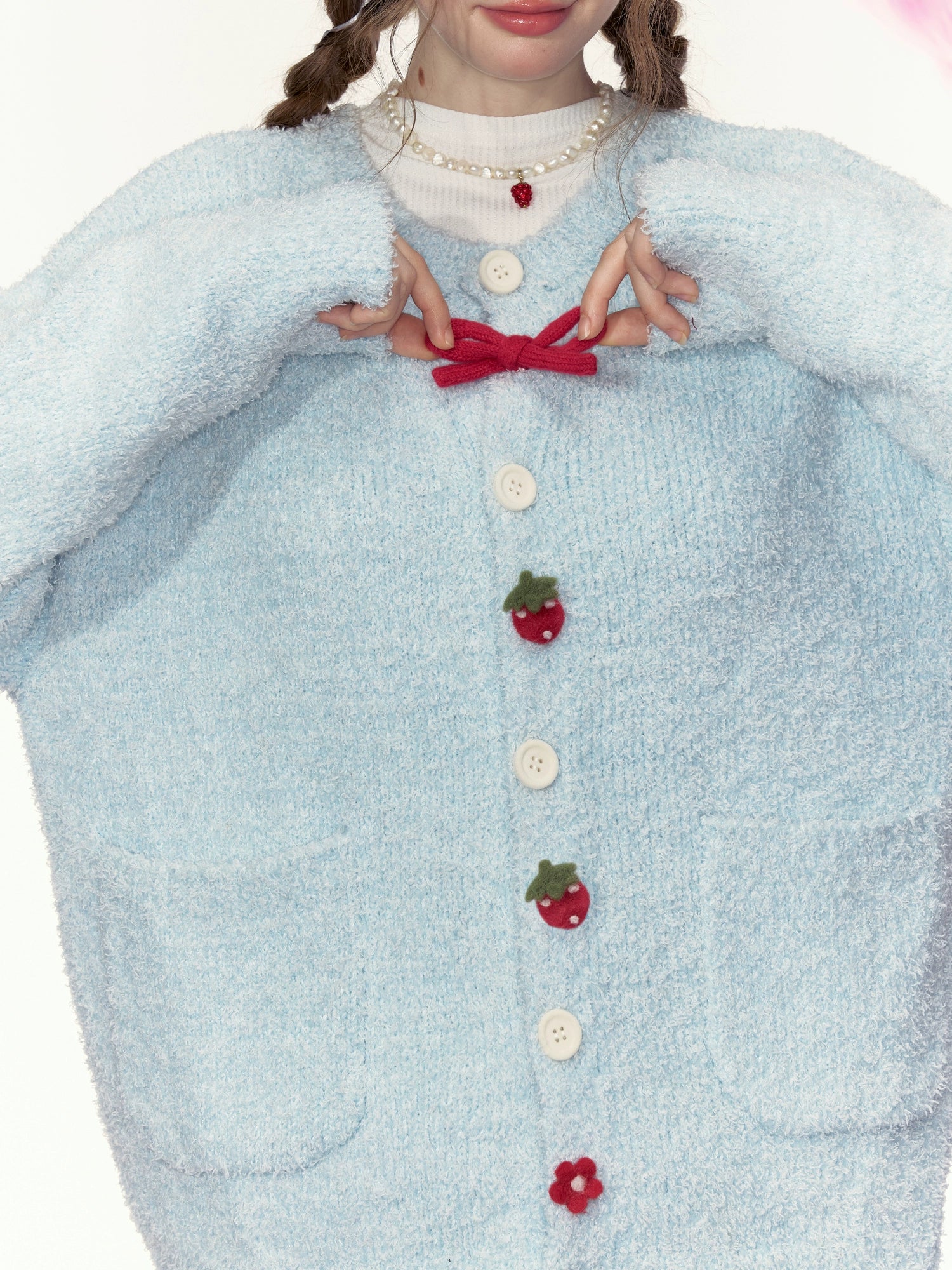 Fluffy Strawberry Bow Cardigan