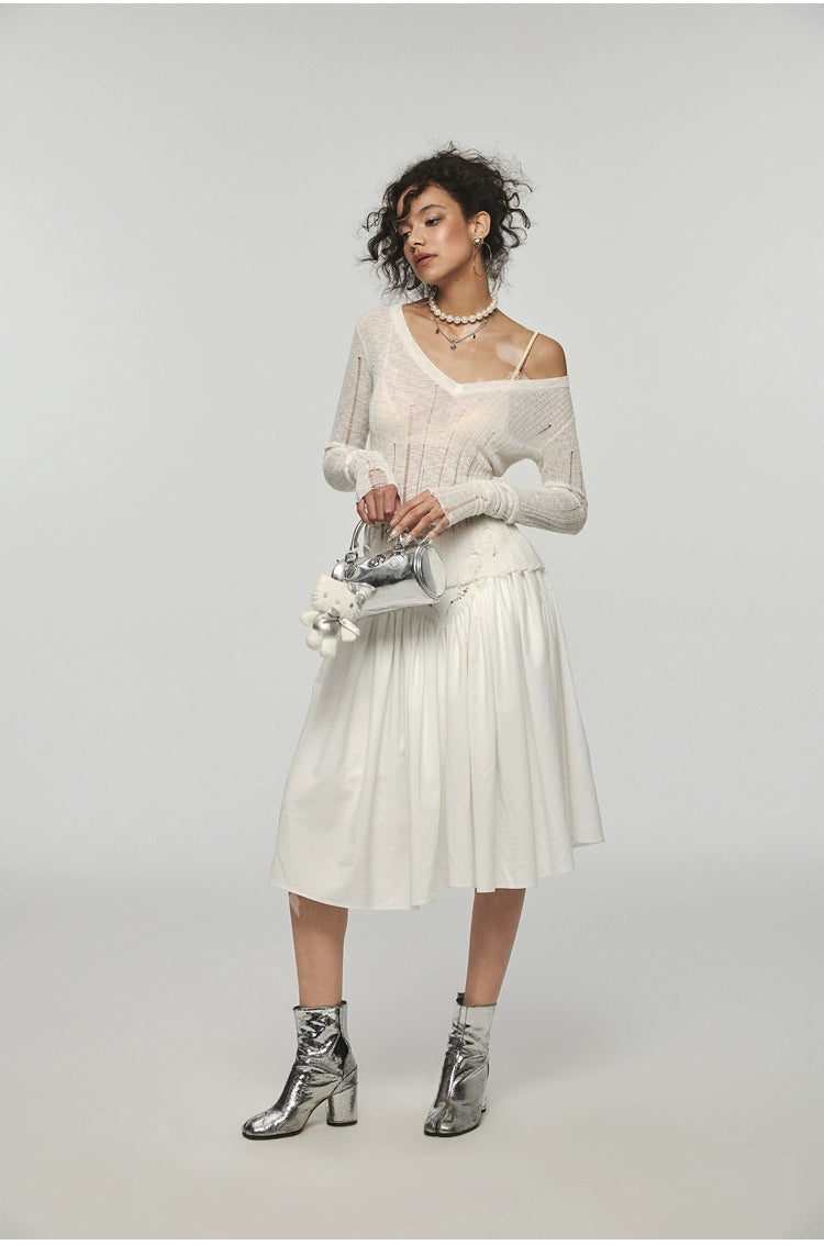 Hollow-Out V-Neck Thin Cardigan With Distressed Waist Knit Top - chiclara