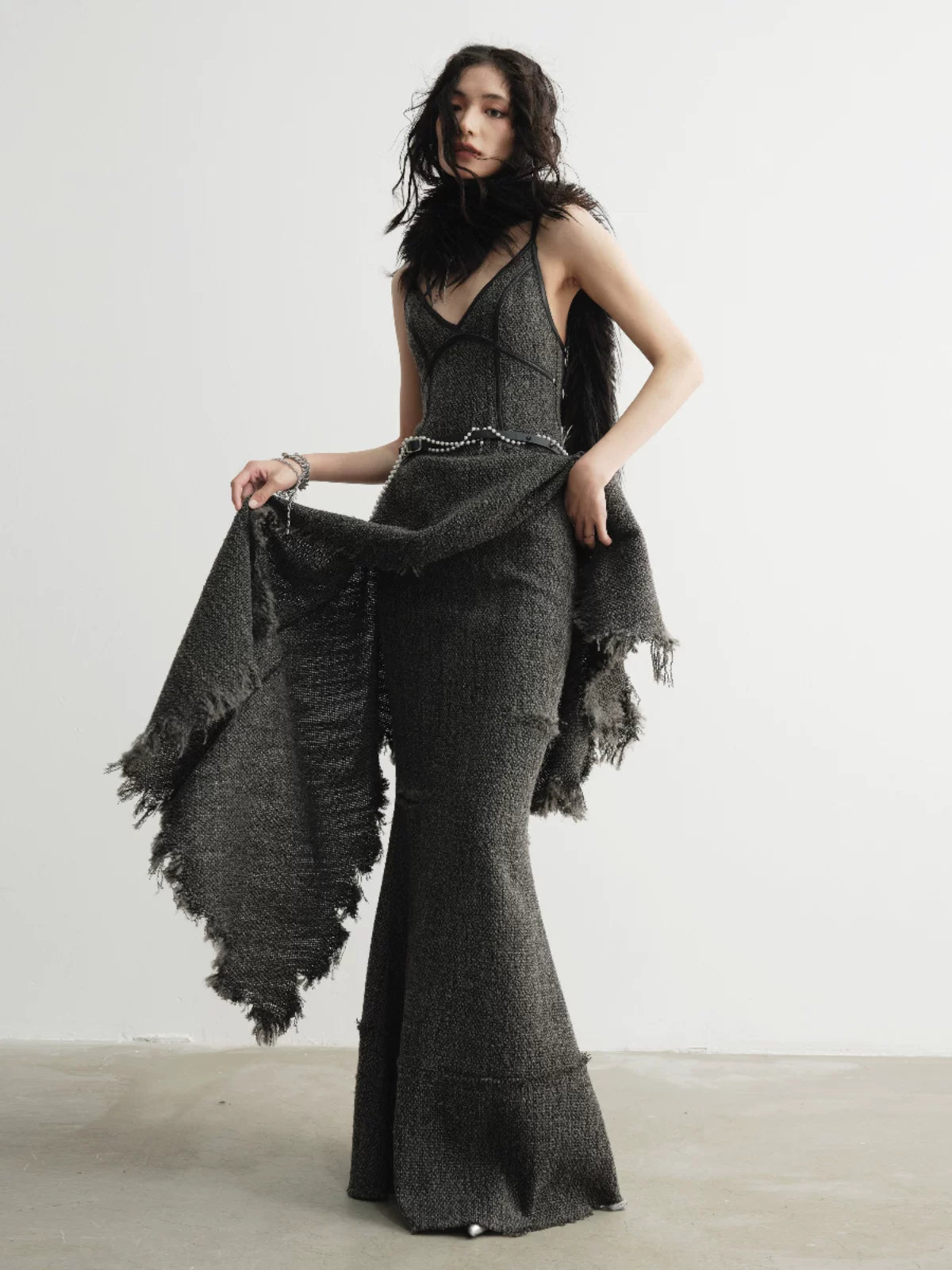 Charcoal Distressed Tweed Mermaid Skirt