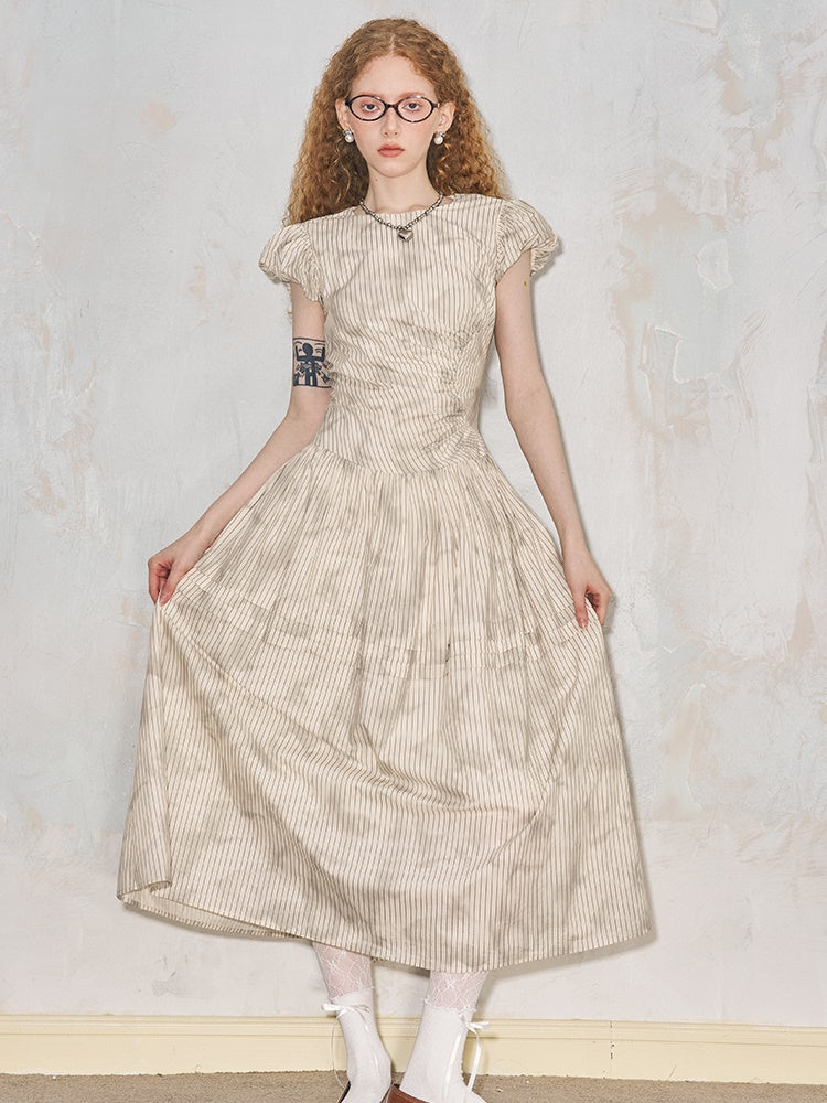 Round Neck Puff Sleeve Long Gather One-Piece - chiclara