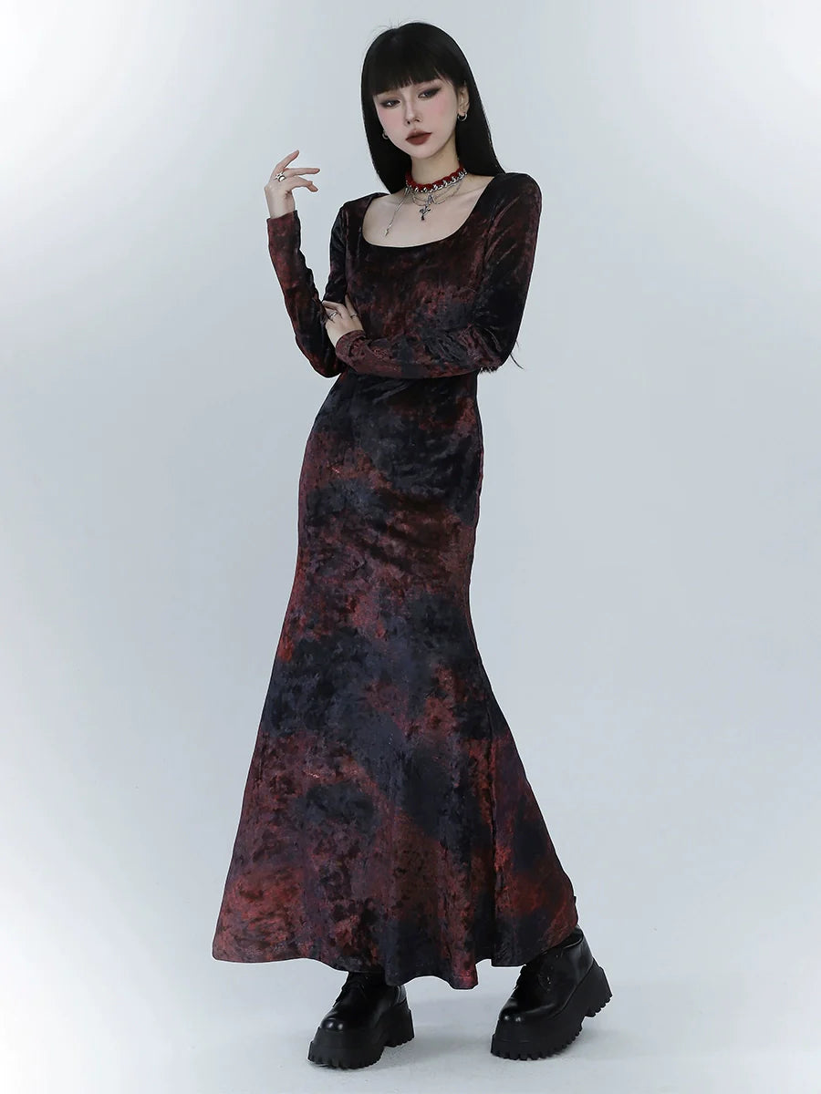 Black And Red Velvet Fishtail Dress - chiclara