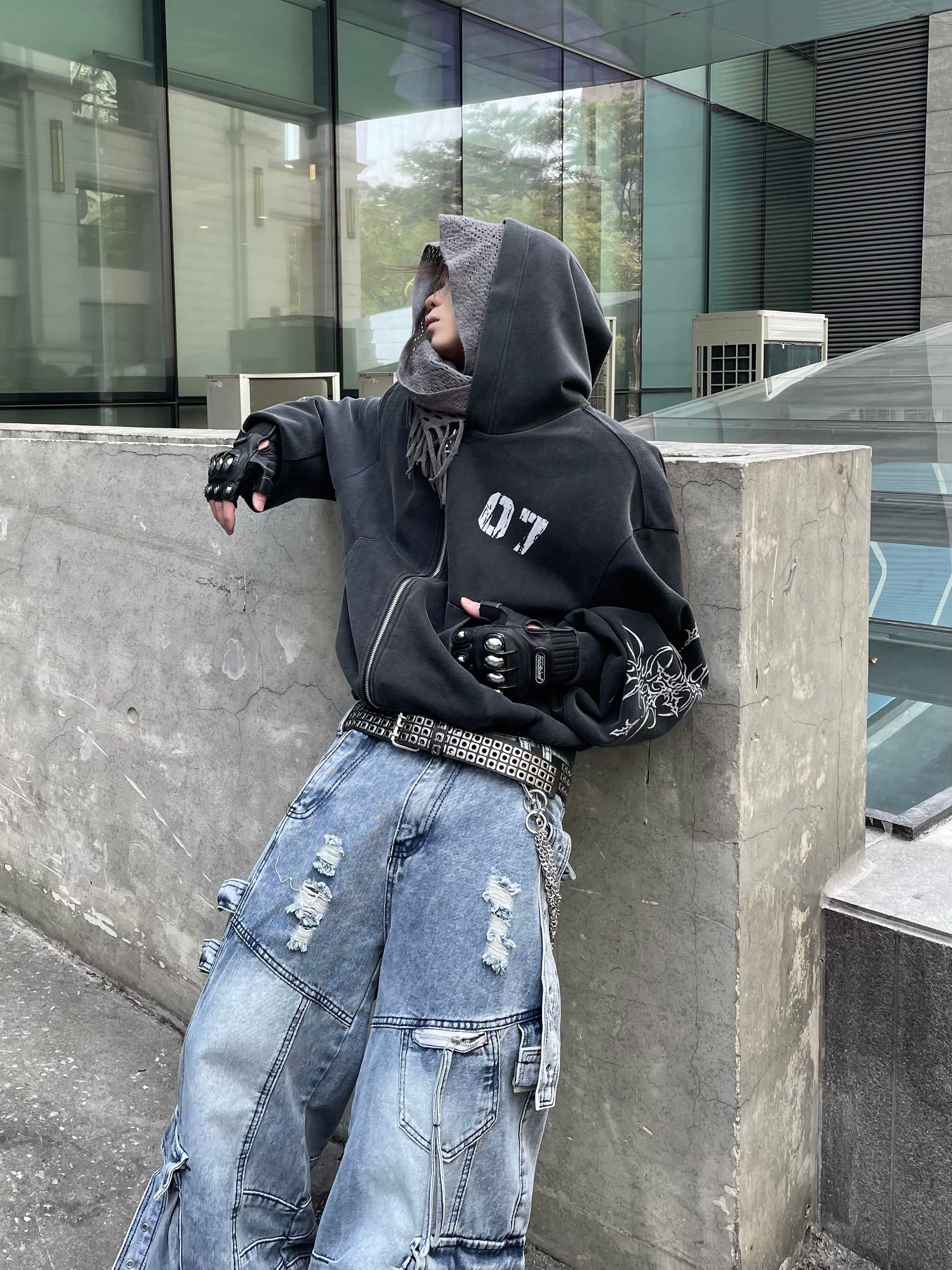 Charcoal "07" Graphic Zip-Up Hoodie