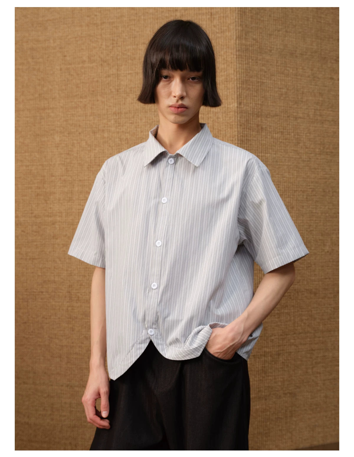 Pinstripe Short-Sleeve Curved-Hem Shirt