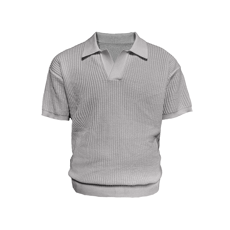 Textured Knit Open-Collar Polo Shirt