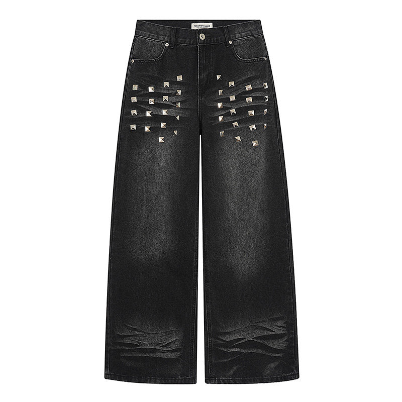 Men's Square Stud Whisker Washed Wide-Leg Jeans