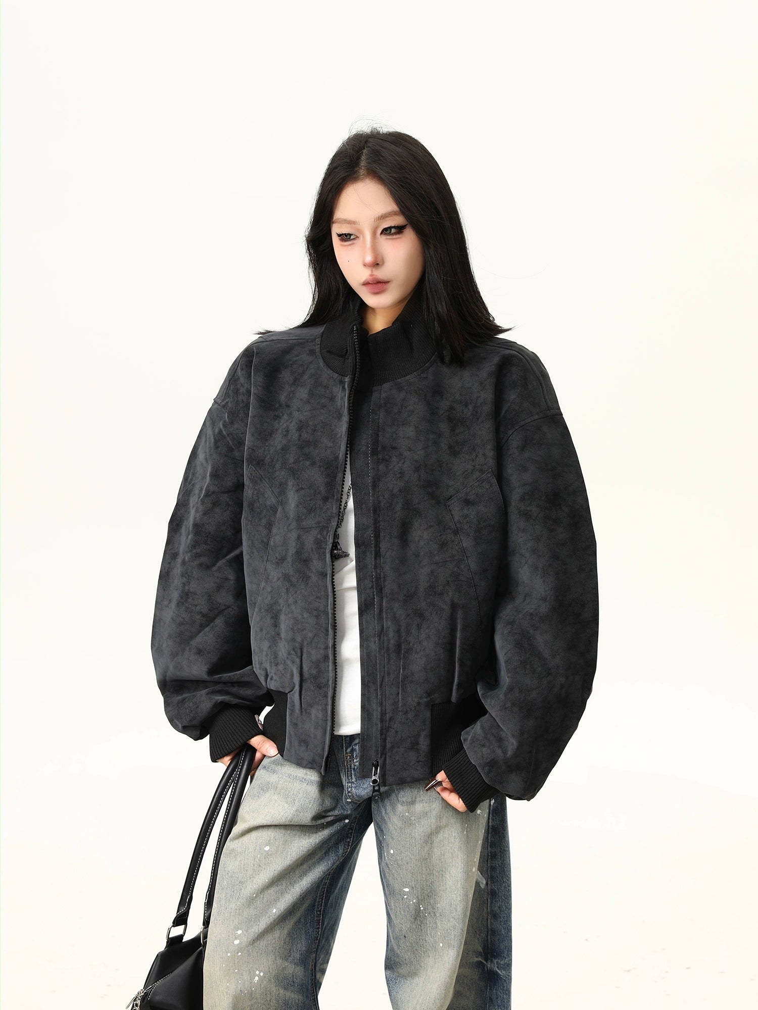 Obsidian Haze Suede Bomber Jacket