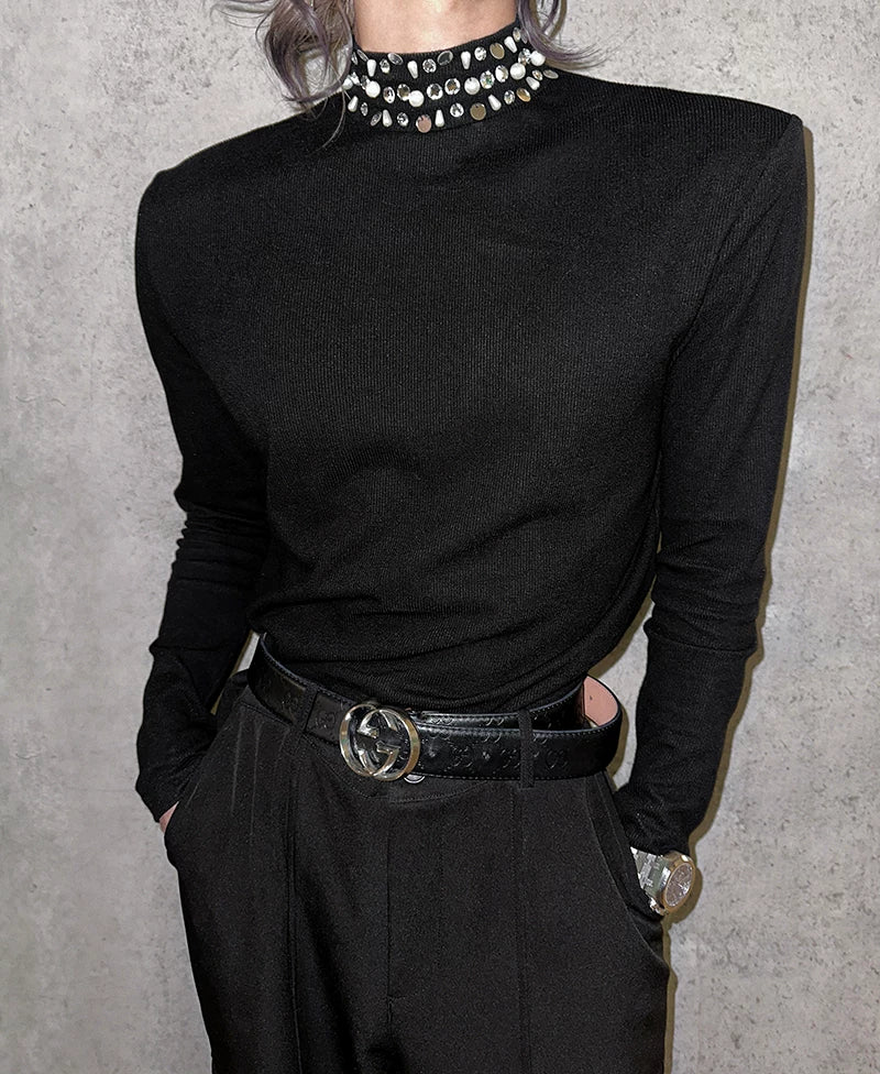 Starlit Collar Crystal Knit Top