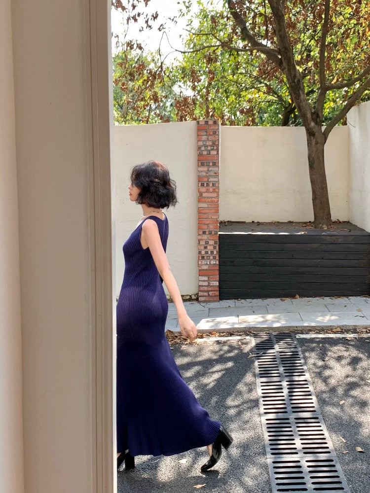 Retro Sleeveless Ribbed Knit Maxi Dress