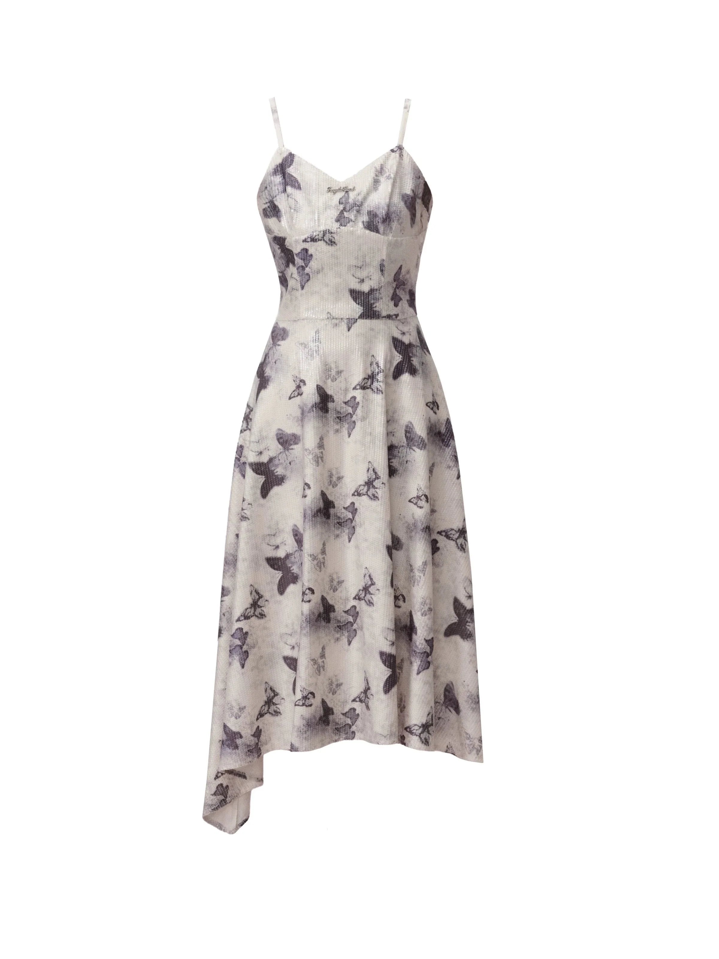 Vestido de correa de espagueti con estampado de mariposa con dobladillo con volantes