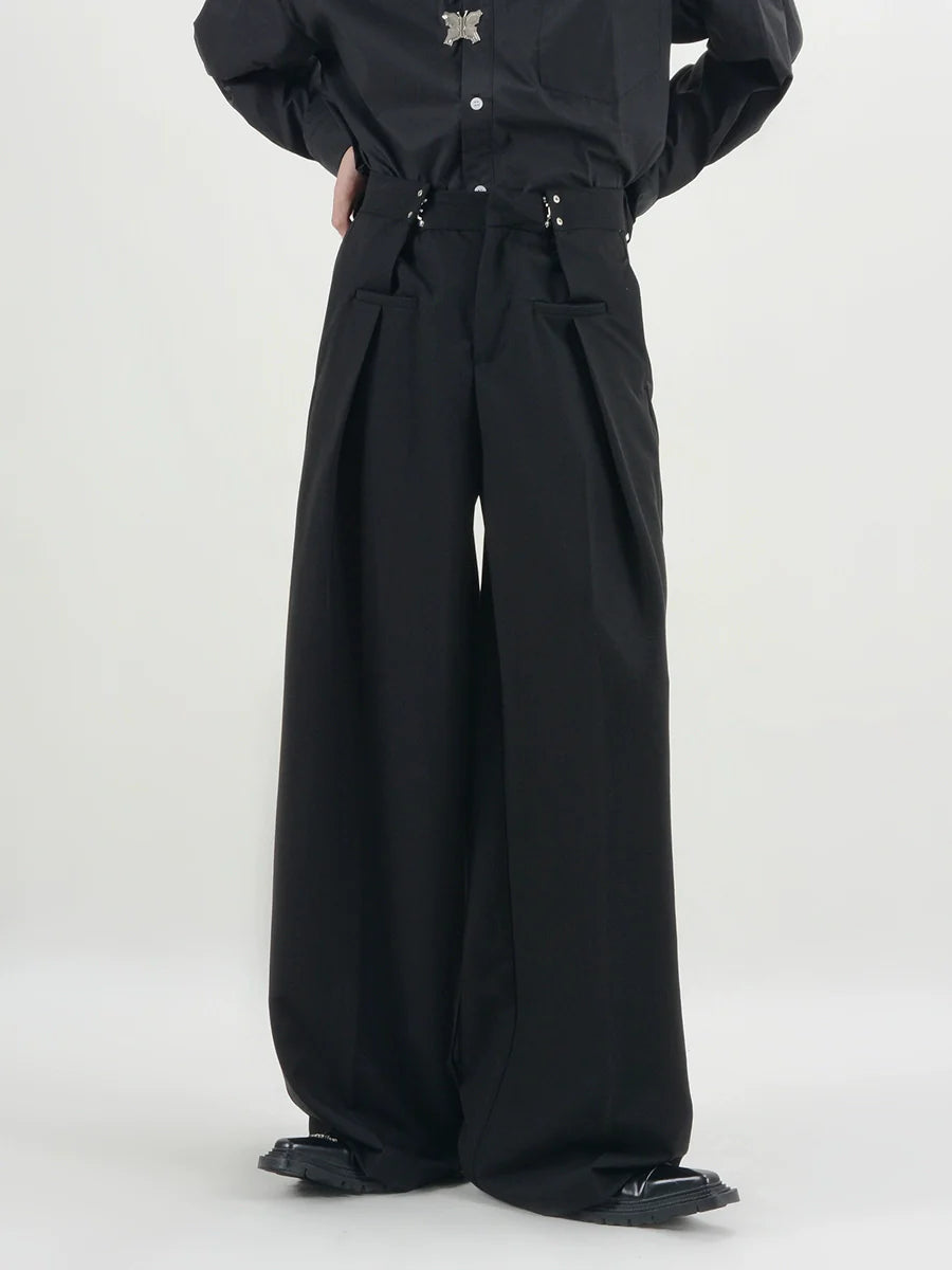 Ultra Wide-Leg Buckle Pleated Trousers