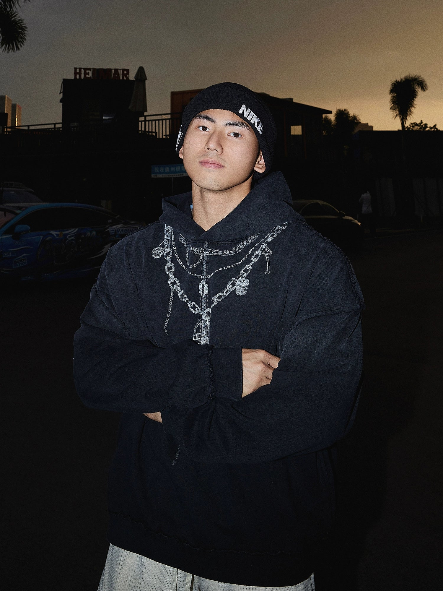 Oversized Faded Hoodie with Chain Print