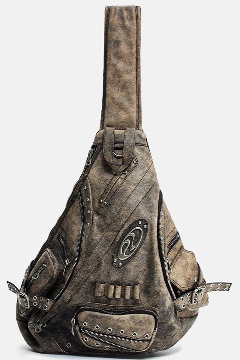 Distressed Triangle Backpack with Grommets and Zippers