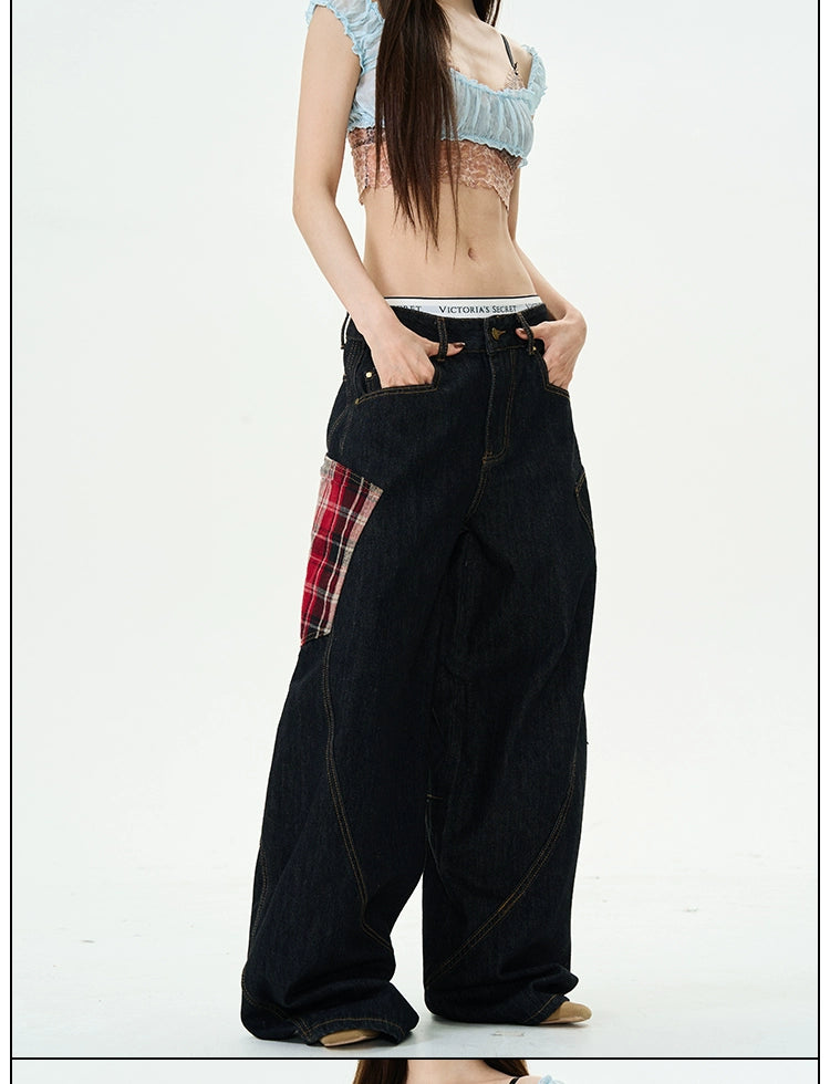 Plaid Patchwork Denim Cargo Pants