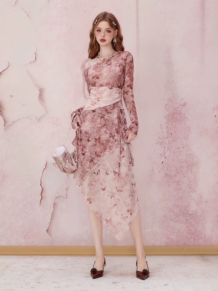 Rosa florale Langarm Midi Kleid