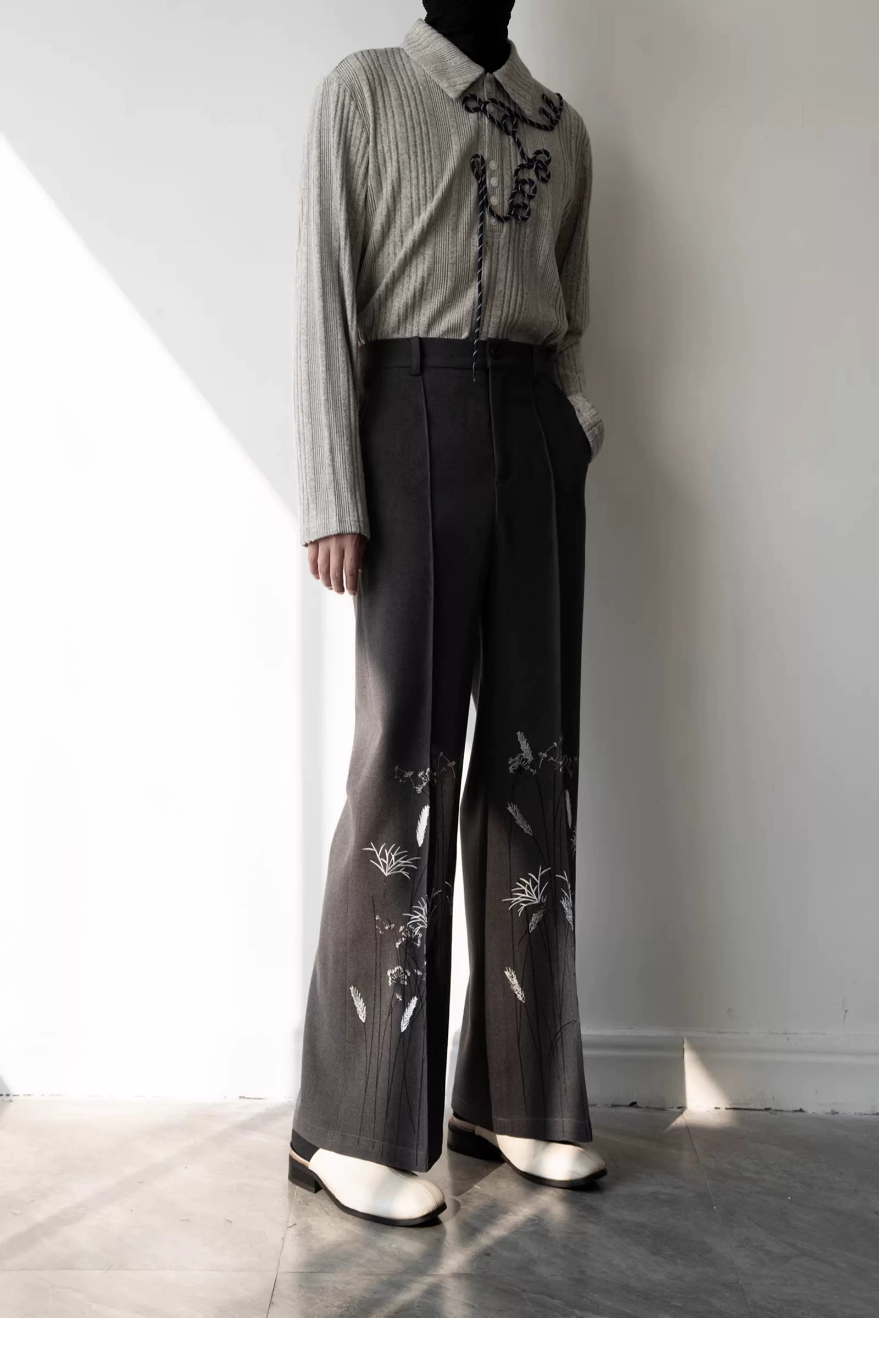 Midnight Meadow Embroidered Wool Trousers